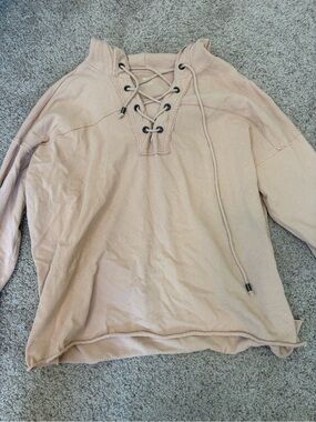 Aerie Women’s XS Lightweight Long Sleeve Tee Blush Pink V Neck Hoodie Oversized